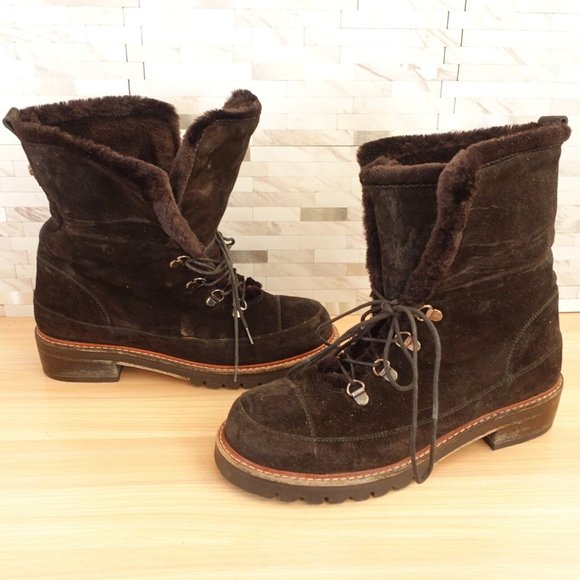 STUART WEITZMAN Boots Women 8 Black Combat Fleece Shearling Velvet Lug Sole Luge - Picture 2 of 16